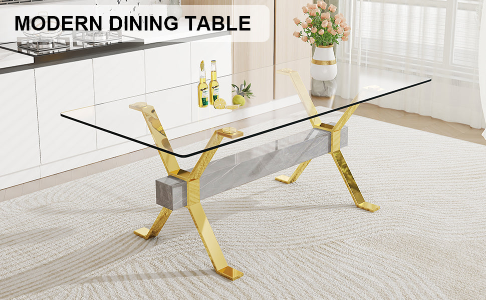 Modern and Luxurious Tempered Glass Rectangular Dining Table with 8 White PU Gold Plated Leg Chairs