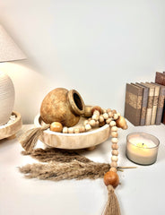 Set of 3 Decorative Accent Boho Mediterranean Style, Organic and Rustic Centerpiece Setting (Vase, Paulownia Tray and Natural Wood Bead Garland)