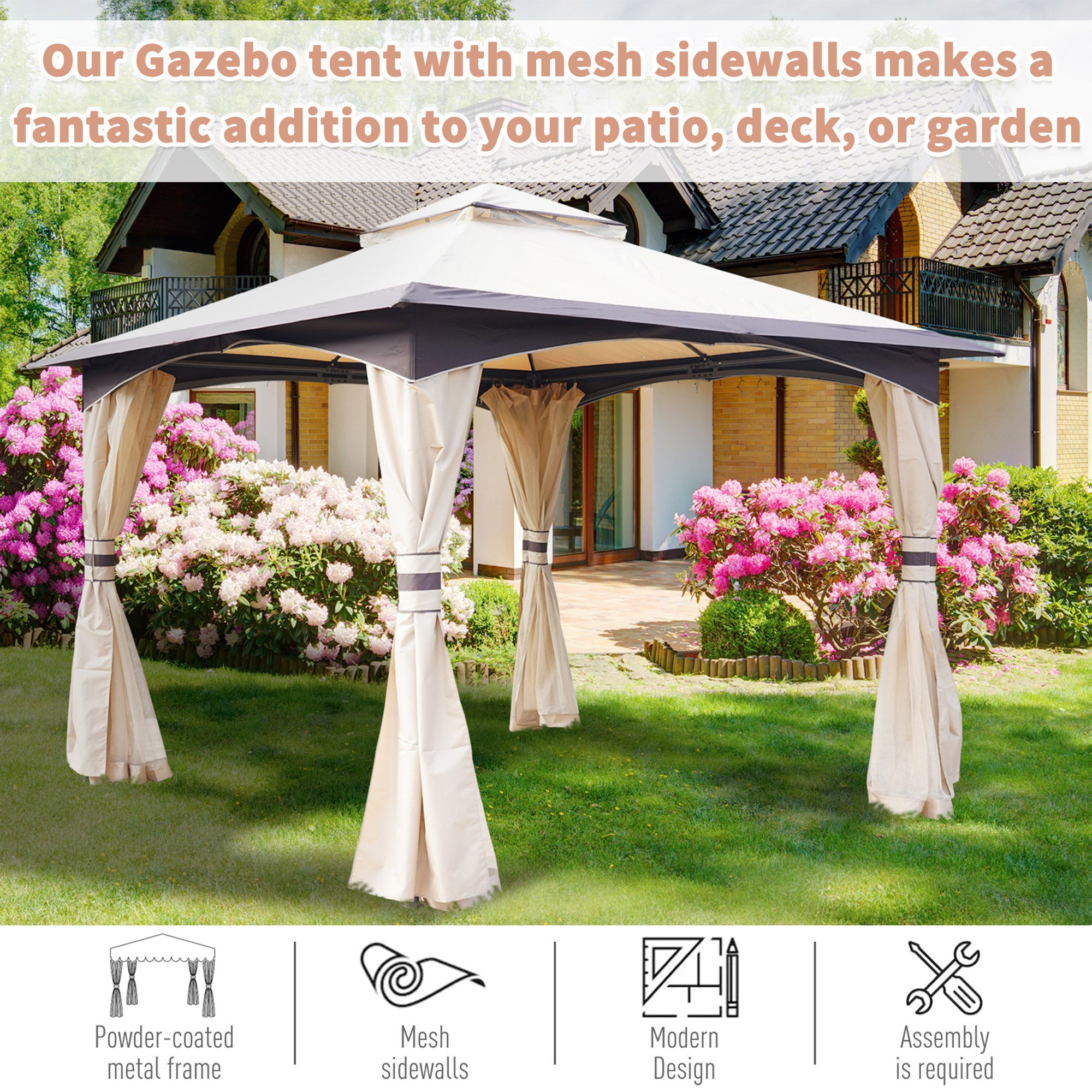 10'x10' Outdoor Gazebo with Netting and Curtains, Patio Gazebo Canopy with 2-Tier Soft Top Roof and Steel Frame for Lawn, Garden, Backyard and Deck - White