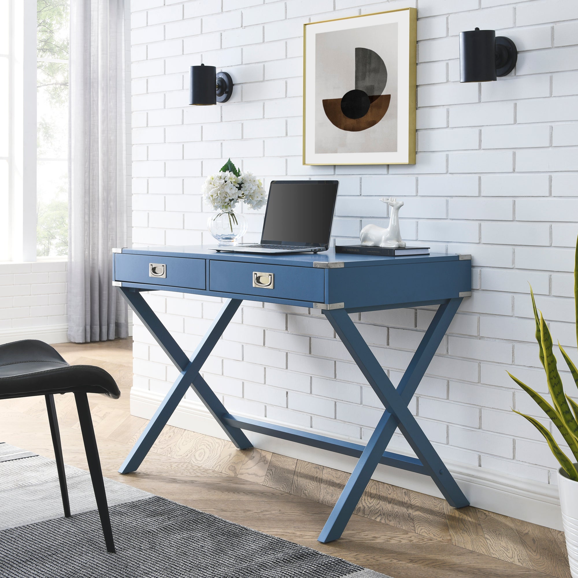 Computer Desk with Storage, Solid Wood Desk with Drawer - Blue