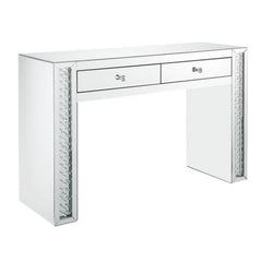 Mirror Accented Two Drawers Wooden Vanity Desk With Faux Crystal Inlay, Silver