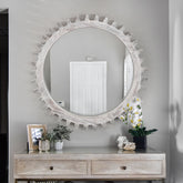 Vintage 34'' x 34'' Wood Round Hanging Gear Shape Heavy Decorative Mirror For Bathroom Living Room Entryway Or Put Together To Your Liking.(Antique White Washed)