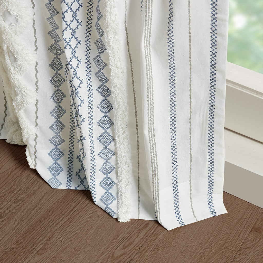 Cotton Printed Curtain Panel with Chenille Stripe and Lining - Ivory+Navy