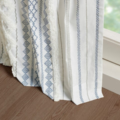 Cotton Printed Curtain Panel with Chenille Stripe and Lining - Ivory+Navy