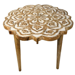 Handcrafted Mango Wood Side End Table, Floral Carved Top, Tripod Base, 18 Inch - Antique Brown & White