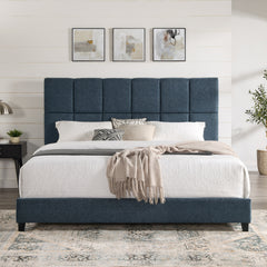 King Size Navy Blue Denim Squares Upholstered Platform Bed