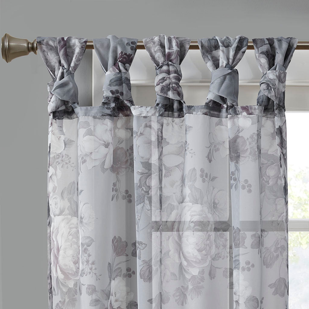 Printed Floral Twist Tab Top Voile Sheer Curtain - Grey