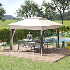 11'x11' Pop Up Canopy, Outdoor Patio Gazebo Shelter with Removable Zipper Netting, Instant Event Tent with 121 sq.ft Shade and Carry Bag for Backyard, Garden, Base 10x10 - Beige