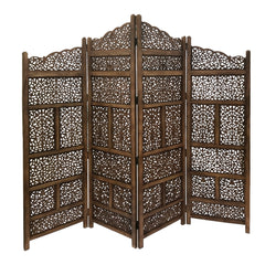 Royal Hampton Hand Carved Foldable 4 Panel Wooden Partition Screen/RoomDivider,Brown