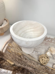 Set of 2 Boho Paulownia Bowl Tray 7"tall Ivory Sand + Wood Bead Garland