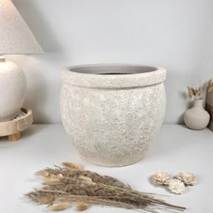 Minimalist Hand-Painted & Textured Planter Pot 12" tall with drainage hole one time creation - Cream wash