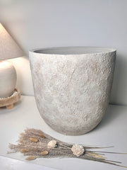 17" tall Minimalist Hand-Painted & Textured Planter Pot with Drainage Hole one time creation - cream sand wash
