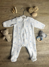Baby Quilted Sleeper Footie Romper, White with Blue Bear Print, 6 Months