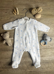 Baby Quilted Sleeper Footie Romper, White with Blue Bear Print, 6 Months