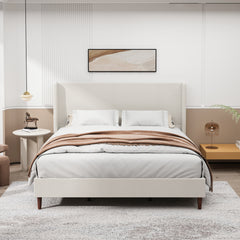 High Headboard Upholstered Bed, King Size Bed Frame, 12-Slat Support, Easy to Assemble, Beige, Chenille Cloth, No Box Spring Needed