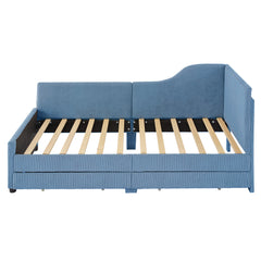 Twin Size L-Shaped Corduroy Daybed,Upholstered Bed Frame with 2 Storage Drawers,Blue
