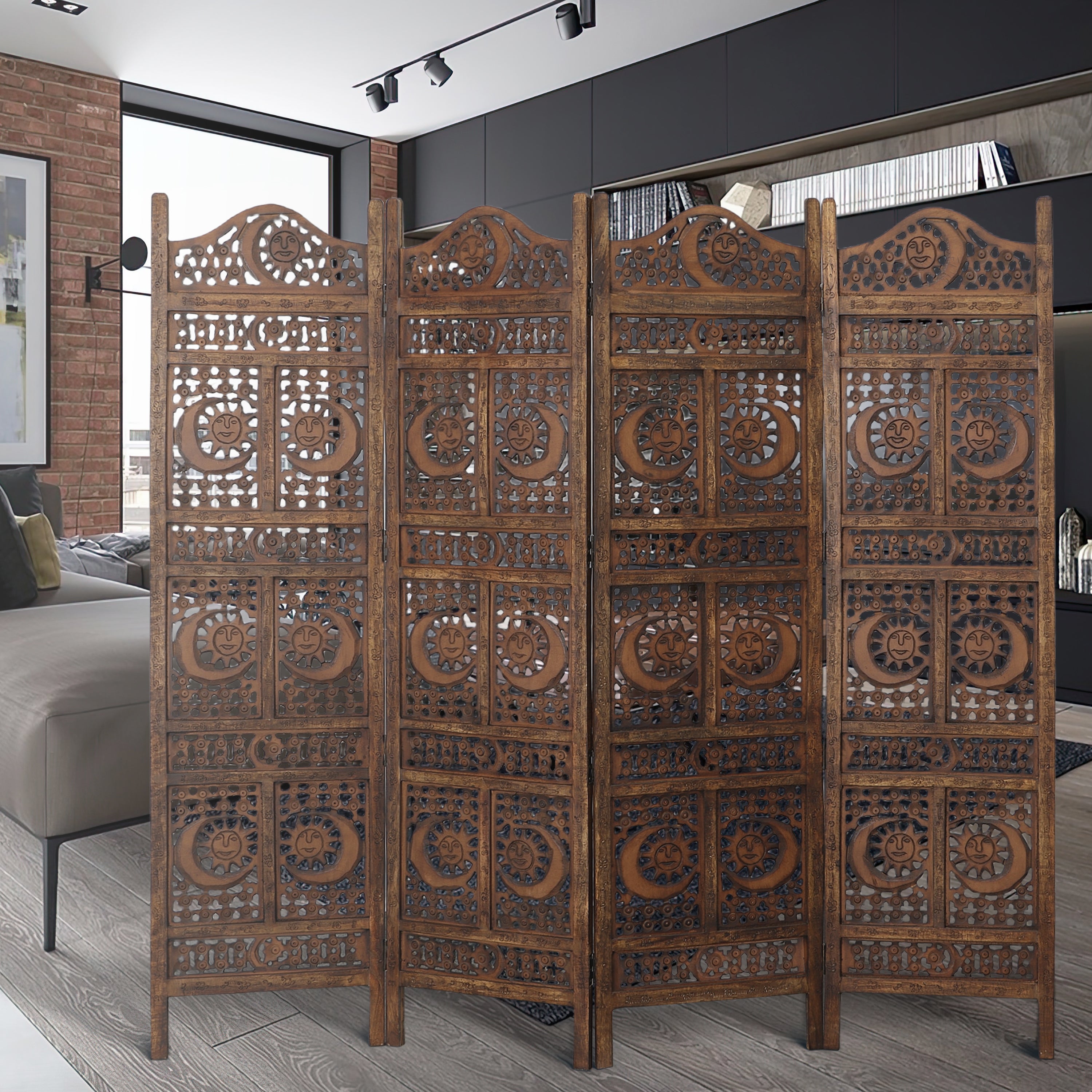 Hand Carved Sun And Moon Design Foldable 4 Panel Wooden Room Divider - Brown
