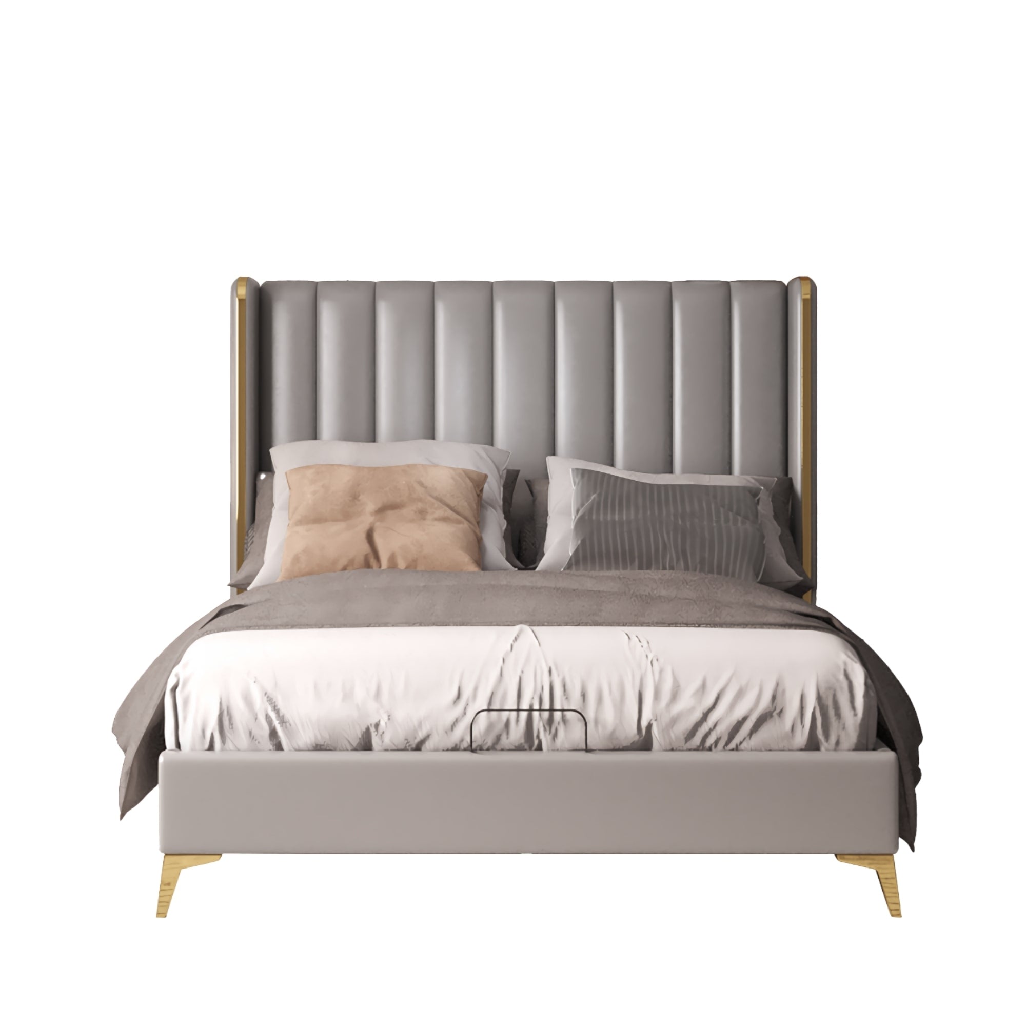 56" Tall Headboard Channel Tufted Upholstered Platform Bed with Thickening Pinewooden Slats and Metal Leg, Queen Size Bed Frame - Light Grey