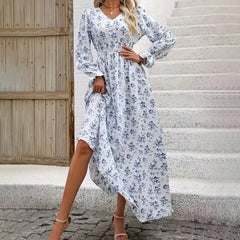 Women's Floral Damask Print Maxi Dress, V-Neck, Long Sleeve, A-Line