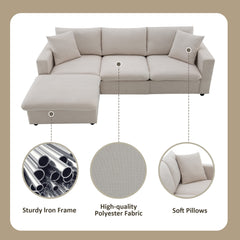 100.4x64.6" Modern Sectional Sofa, L-shaped Couch Set with 2 Free pillows, 4-seat Polyester Fabric Couch Set with Convertible Ottoman - Beige