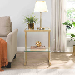 Golden Side Table, 2-Tier Acrylic Glass End Table for Living Room&Bedroom