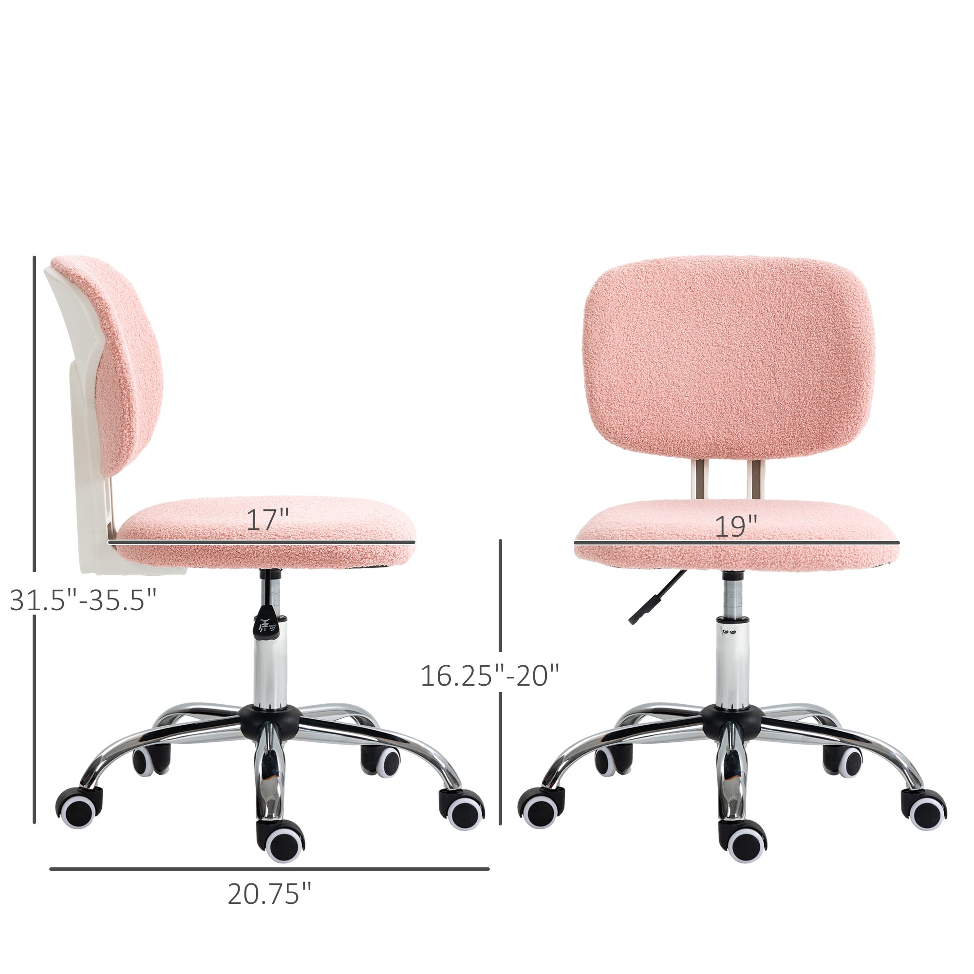 Cute Armless Office Chair, Teddy Fleece Fabric Computer Desk Chair, Vanity Task Chair with Adjustable Height, Swivel Wheels, Mid Back - Pink
