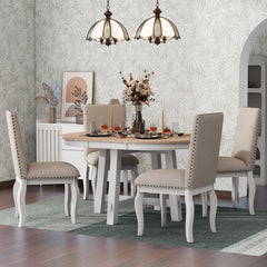 5-Piece Farmhouse Dining Table Set Wood Round Extendable Dining Table and 4 Dining Chairs - Oak Natural Wood + Antique White