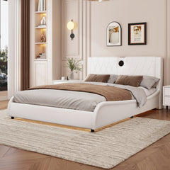King Size Luxurious Faux Leather Upholstered Platform Bed with Thickened Headboard, Bluetooth Speakers and RGB LED Light, No Box Spring Needed, White