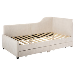 Twin Size L-Shaped Corduroy Daybed,Upholstered Bed Frame with 2 Storage Drawers, Beige