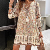 Women's Floral Print Mini Dress, V-Neck with Tassel Tie, Long Sleeve, Boho Summer Style