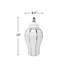 15"H White Ginger Jar with Silver Ornament