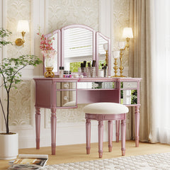43" Makeup Vanity Set with Mirrored Drawers and Stool - Rose Gold
