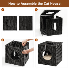 Rattan Cat Litter,Cat Bed with Rattan Ball and Cushion - Black