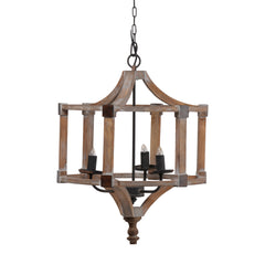 3-Light Wood Drum Chandelier, Hanging Light Fixture with Adjustable Chain