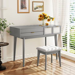 43.3" Classic Wood Makeup Vanity Set with Flip-top Mirror, Stool and storage space - Grey