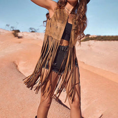 Women's Western Fringe Vest, Boho Style, Brown Suede with Tassels, Round Neck