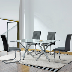 Modern Minimalist Rectangular Glass Dining Table for 6-8 with 0.39" Tempered Glass Tabletop and Silver Chrome Metal Legs