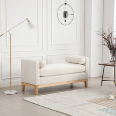 53.5" W Elegant Upholstered Bench, Ottoman with Wood Legs & Bolster Pillows - Ivory