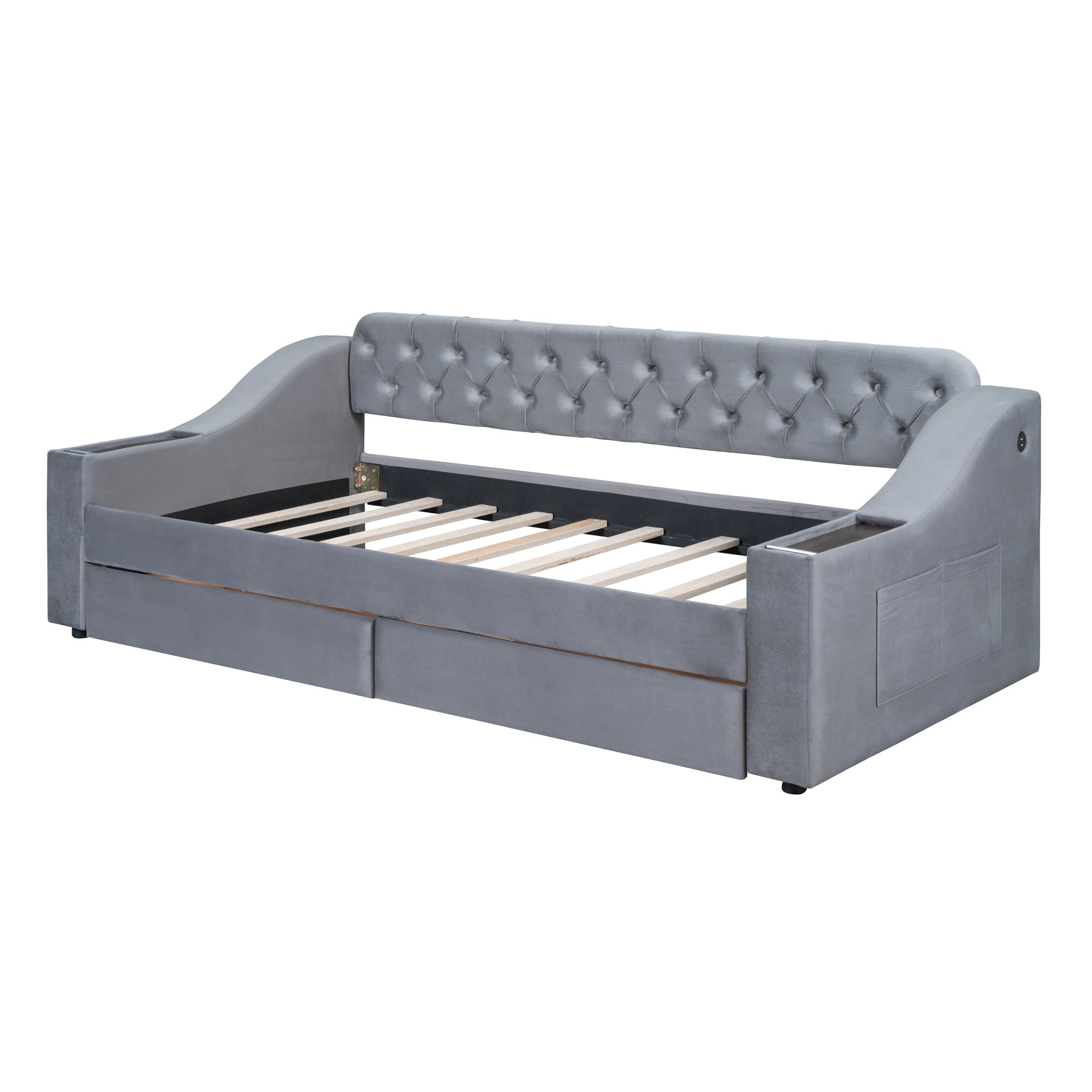Twin Size Upholstered Daybed with Storage Armrests and USB Port - Gray