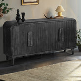59'' Farmhouse Curved Vintage Storage Sideboard with Large Wooden Handles, Vertical Wood Grain Carving and Adjustable Shelves - Antique Black