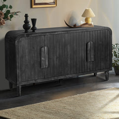 59'' Farmhouse Curved Vintage Storage Sideboard with Large Wooden Handles, Vertical Wood Grain Carving and Adjustable Shelves - Antique Black