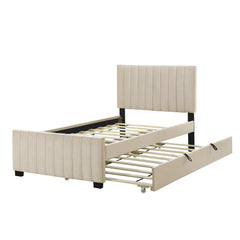 Twin Size Velvet Upholstered Platform Bed with Twin Size Trundle - Beige