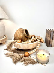 Set of 3 Decorative Accent Boho Mediterranean Style, Organic and Rustic Centerpiece Setting (Vase, Paulownia Tray and Natural Wood Bead Garland)