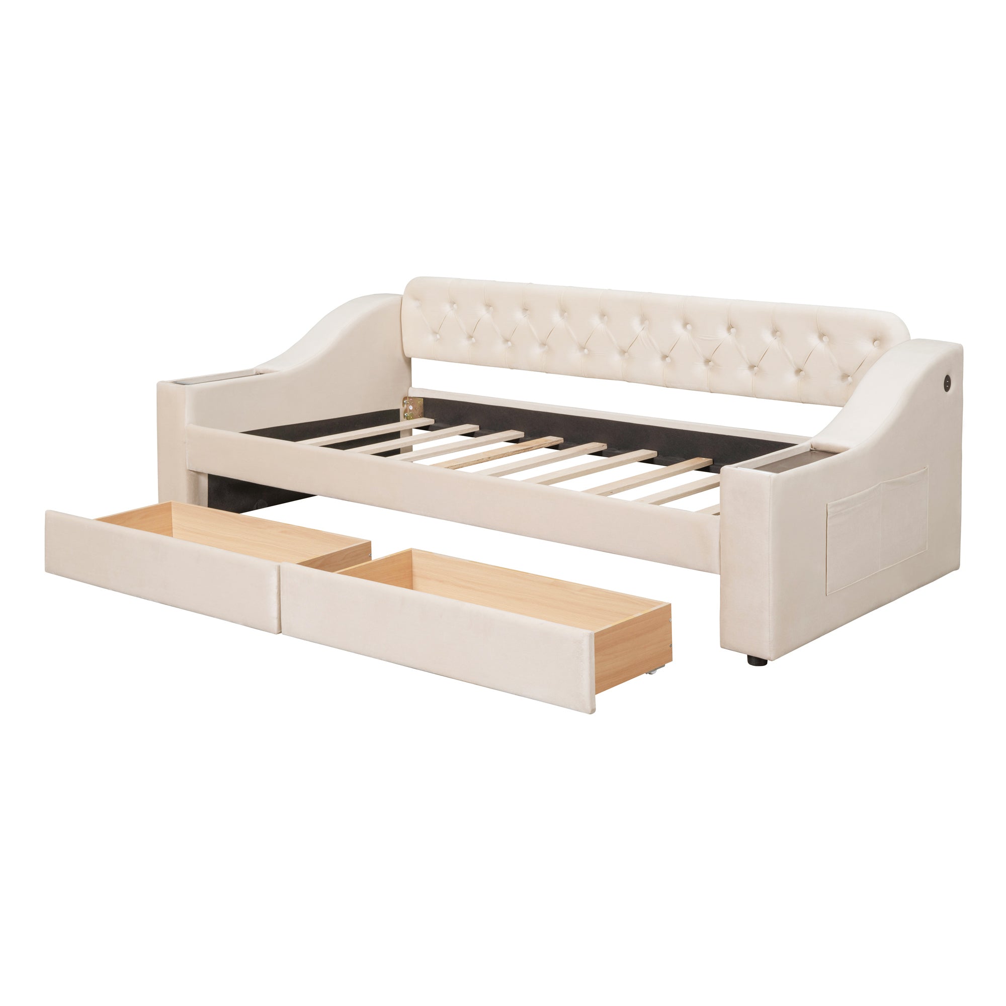 Twin Size Upholstered Daybed with Storage Armrests and USB Port - Beige
