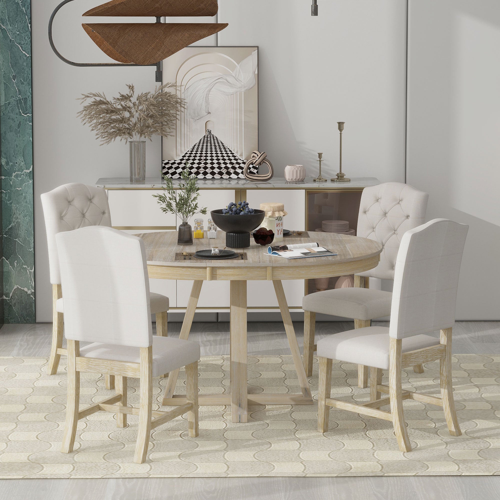 5-Piece Retro Functional Dining Set, Round Table with a 16"W Leaf and 4 Upholstered Chairs - Natural