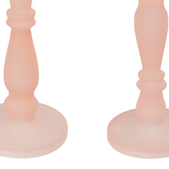 Set of 2 Candle Holders, Rose Pink Turned Pedestal Glass