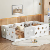 Twin Size Floor Bed with Heightened Safety Guardrails and Door, Solid Wood Bedframe with Rails for Girls, Boys, Teens, Child Bedroom, Kids Playroom, No Slats Included, White