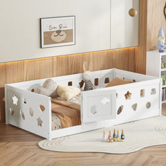 Twin Size Floor Bed with Heightened Safety Guardrails and Door, Solid Wood Bedframe with Rails for Girls, Boys, Teens, Child Bedroom, Kids Playroom, No Slats Included, White