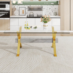 Modern and Luxurious Tempered Glass Rectangular Dining Table with 8 White PU Gold Plated Leg Chairs