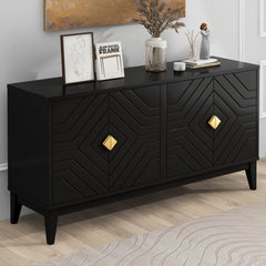 4-Door Sideboard Storage Cabinet for Living Room and Dining Room, Two Large Cabinets with Gold Handles and Adjustable Shelf, Black